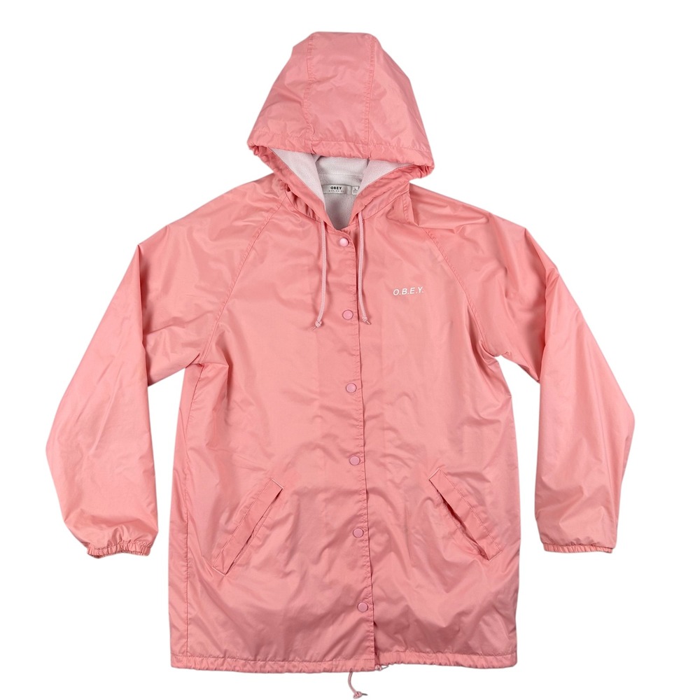 OBEY Jacket Mens L‎ Pink Hooded Windbreaker Lightweight Full Zip Snap Front